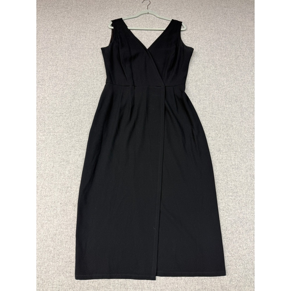 Liz Claiborne Dress 14 Black Faux Wrap V-Neck Sleeveless Sheath Midi Formal Even